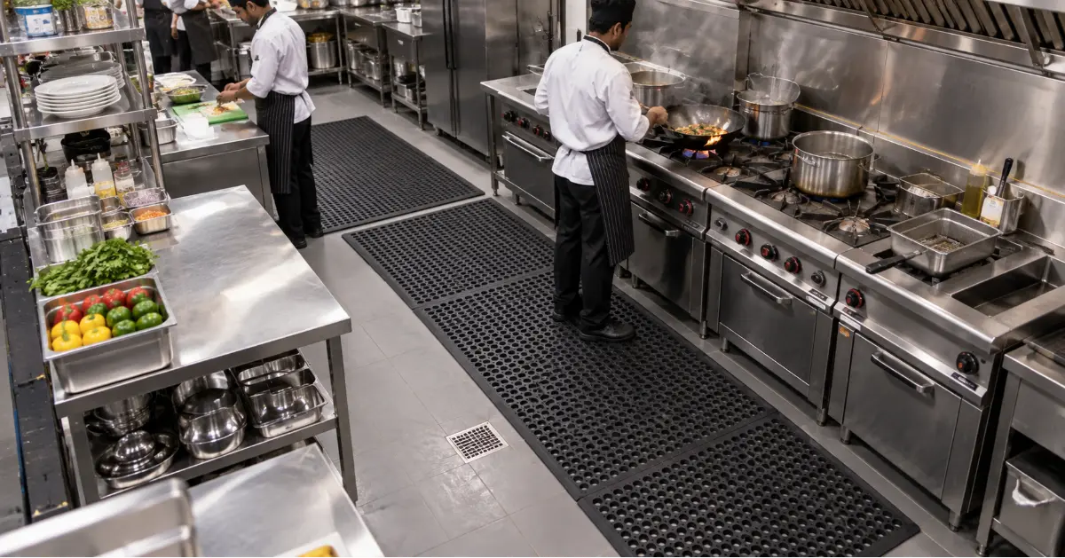 Rubber drainage mats in a commercial kitchen