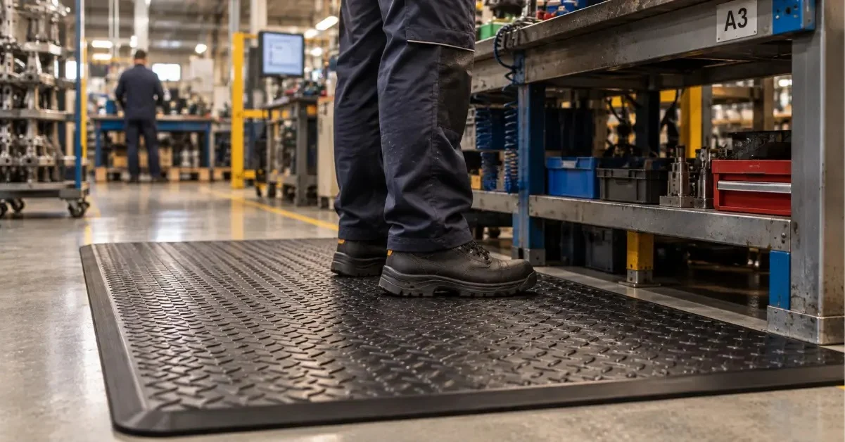 Anti-fatigue mat at standing workstation in an industrial UK workplace